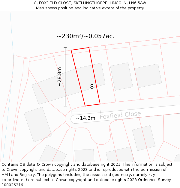 8, FOXFIELD CLOSE, SKELLINGTHORPE, LINCOLN, LN6 5AW: Plot and title map