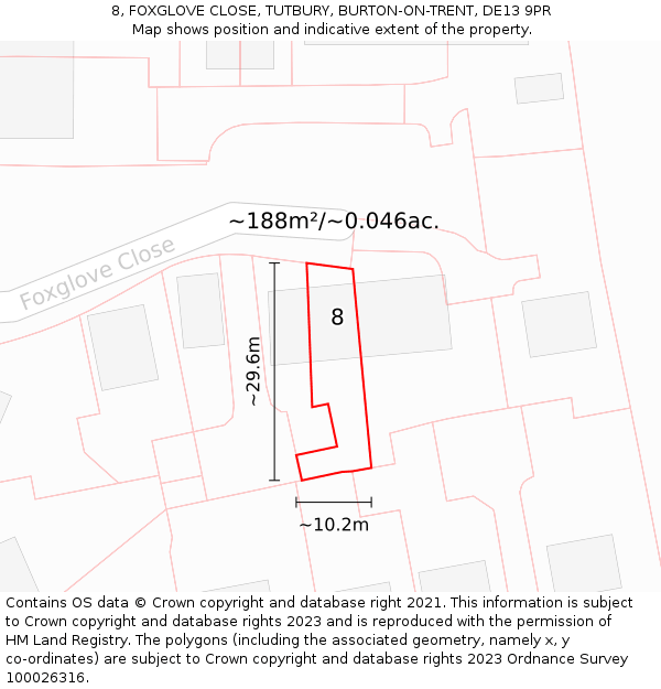 8, FOXGLOVE CLOSE, TUTBURY, BURTON-ON-TRENT, DE13 9PR: Plot and title map