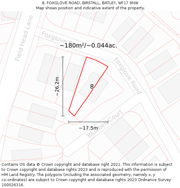 8, FOXGLOVE ROAD, BIRSTALL, BATLEY, WF17 9NW: Plot and title map