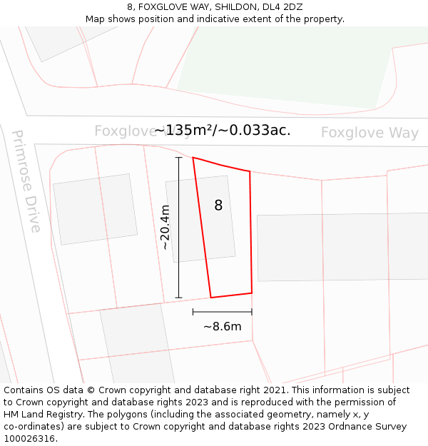 8, FOXGLOVE WAY, SHILDON, DL4 2DZ: Plot and title map