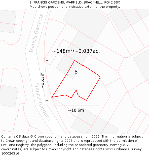 8, FRANCIS GARDENS, WARFIELD, BRACKNELL, RG42 3SX: Plot and title map