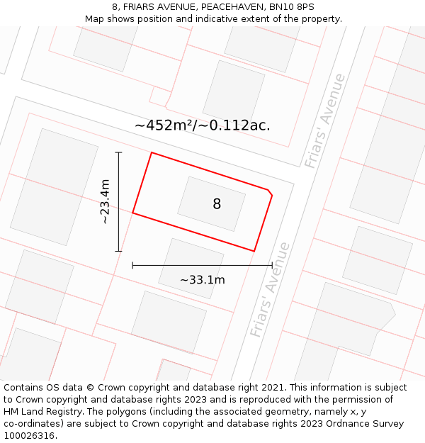 8, FRIARS AVENUE, PEACEHAVEN, BN10 8PS: Plot and title map