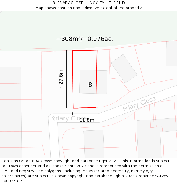 8, FRIARY CLOSE, HINCKLEY, LE10 1HD: Plot and title map