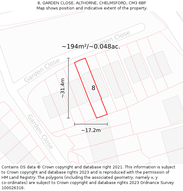 8, GARDEN CLOSE, ALTHORNE, CHELMSFORD, CM3 6BP: Plot and title map