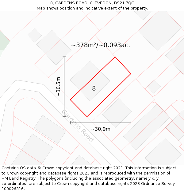 8, GARDENS ROAD, CLEVEDON, BS21 7QG: Plot and title map