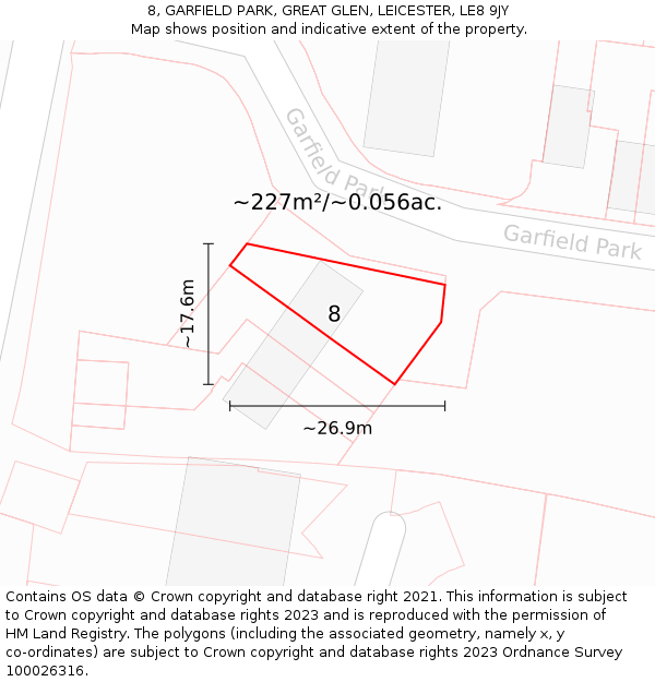 8, GARFIELD PARK, GREAT GLEN, LEICESTER, LE8 9JY: Plot and title map