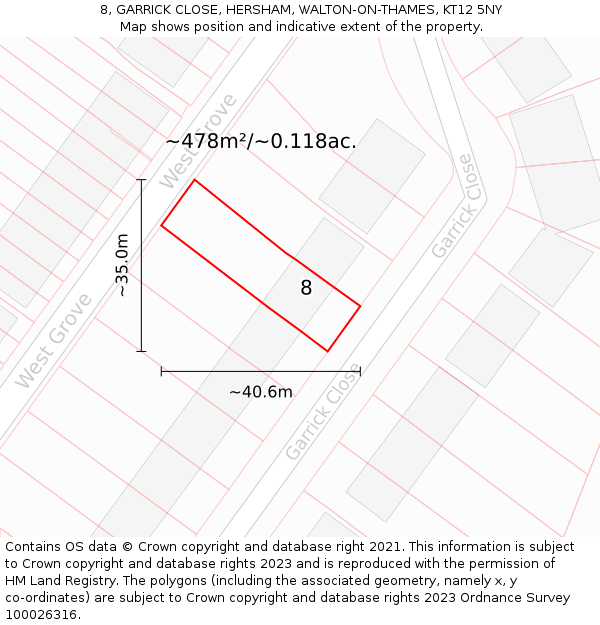 8, GARRICK CLOSE, HERSHAM, WALTON-ON-THAMES, KT12 5NY: Plot and title map