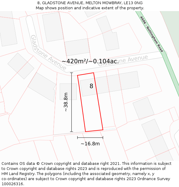 8, GLADSTONE AVENUE, MELTON MOWBRAY, LE13 0NG: Plot and title map