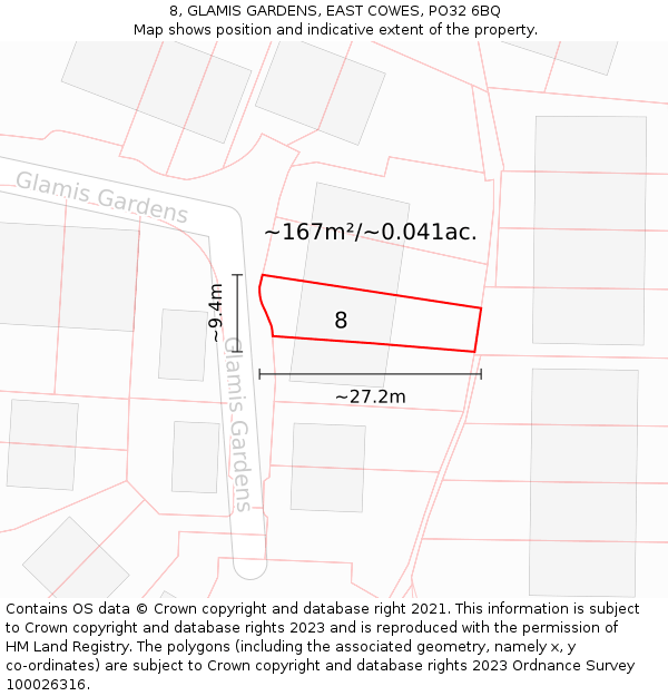 8, GLAMIS GARDENS, EAST COWES, PO32 6BQ: Plot and title map