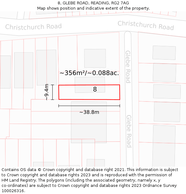 8, GLEBE ROAD, READING, RG2 7AG: Plot and title map