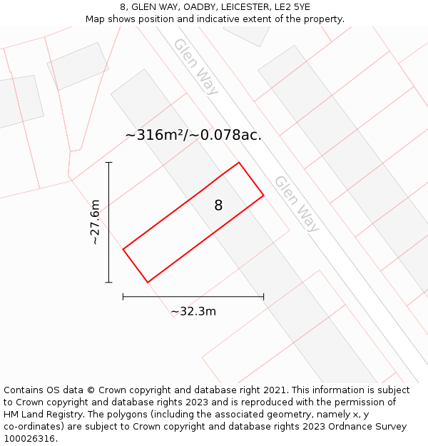 8, GLEN WAY, OADBY, LEICESTER, LE2 5YE: Plot and title map