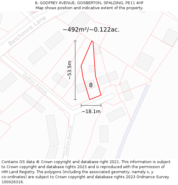 8, GODFREY AVENUE, GOSBERTON, SPALDING, PE11 4HF: Plot and title map