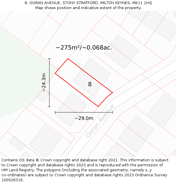 8, GORAN AVENUE, STONY STRATFORD, MILTON KEYNES, MK11 1HQ: Plot and title map