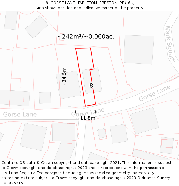 8, GORSE LANE, TARLETON, PRESTON, PR4 6UJ: Plot and title map