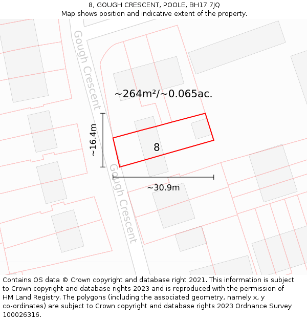 8, GOUGH CRESCENT, POOLE, BH17 7JQ: Plot and title map