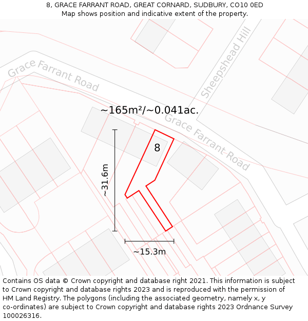 8, GRACE FARRANT ROAD, GREAT CORNARD, SUDBURY, CO10 0ED: Plot and title map