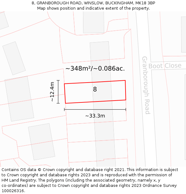 8, GRANBOROUGH ROAD, WINSLOW, BUCKINGHAM, MK18 3BP: Plot and title map