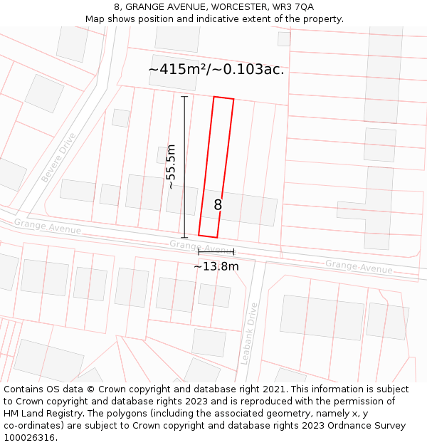 8, GRANGE AVENUE, WORCESTER, WR3 7QA: Plot and title map