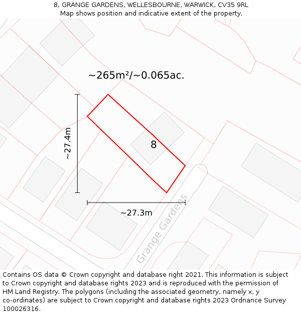 8, GRANGE GARDENS, WELLESBOURNE, WARWICK, CV35 9RL: Plot and title map