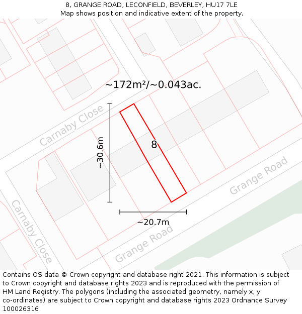 8, GRANGE ROAD, LECONFIELD, BEVERLEY, HU17 7LE: Plot and title map