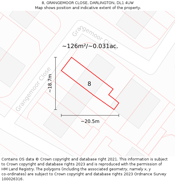 8, GRANGEMOOR CLOSE, DARLINGTON, DL1 4UW: Plot and title map