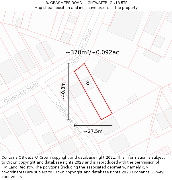 8, GRASMERE ROAD, LIGHTWATER, GU18 5TF: Plot and title map