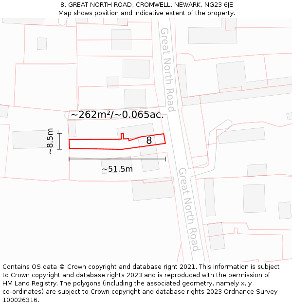 8, GREAT NORTH ROAD, CROMWELL, NEWARK, NG23 6JE: Plot and title map