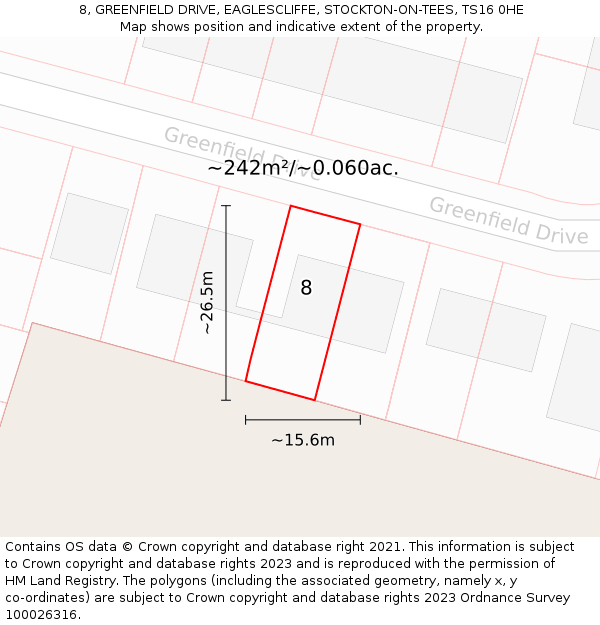 8, GREENFIELD DRIVE, EAGLESCLIFFE, STOCKTON-ON-TEES, TS16 0HE: Plot and title map