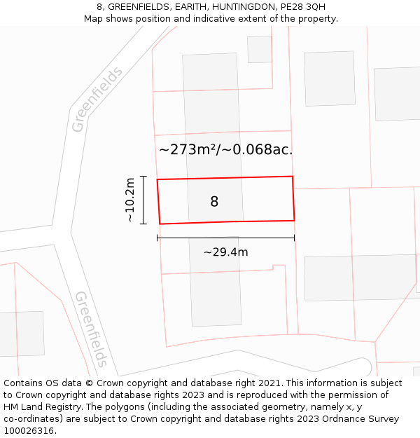 8, GREENFIELDS, EARITH, HUNTINGDON, PE28 3QH: Plot and title map