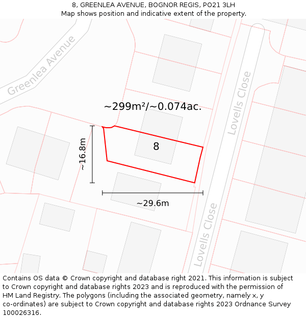 8, GREENLEA AVENUE, BOGNOR REGIS, PO21 3LH: Plot and title map