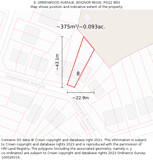 8, GREENWOOD AVENUE, BOGNOR REGIS, PO22 9EN: Plot and title map