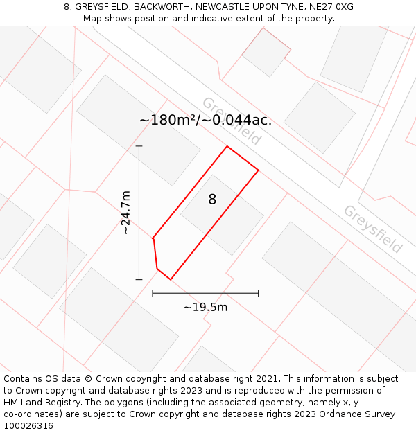 8, GREYSFIELD, BACKWORTH, NEWCASTLE UPON TYNE, NE27 0XG: Plot and title map