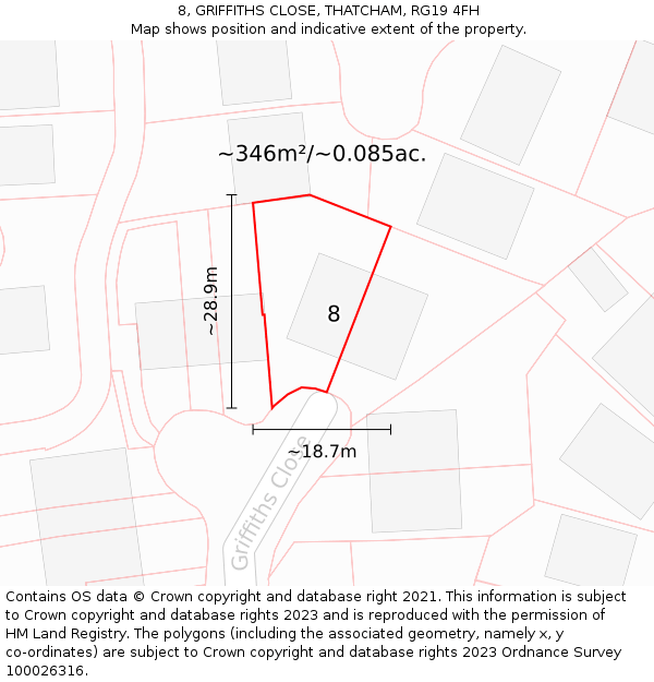 8, GRIFFITHS CLOSE, THATCHAM, RG19 4FH: Plot and title map