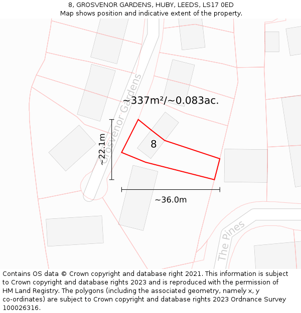8, GROSVENOR GARDENS, HUBY, LEEDS, LS17 0ED: Plot and title map