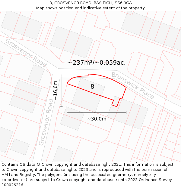 8, GROSVENOR ROAD, RAYLEIGH, SS6 9GA: Plot and title map