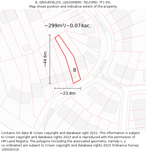 8, GROVEFIELDS, LEEGOMERY, TELFORD, TF1 6YL: Plot and title map