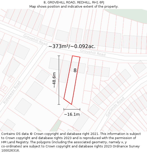 8, GROVEHILL ROAD, REDHILL, RH1 6PJ: Plot and title map