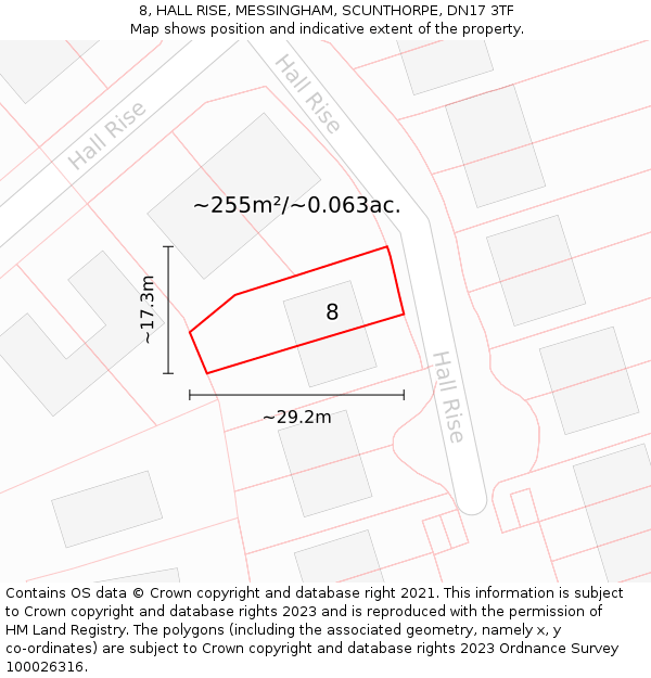 8, HALL RISE, MESSINGHAM, SCUNTHORPE, DN17 3TF: Plot and title map