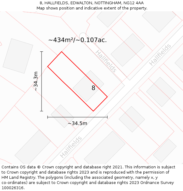 8, HALLFIELDS, EDWALTON, NOTTINGHAM, NG12 4AA: Plot and title map