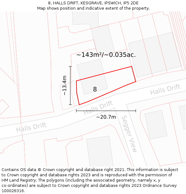 8, HALLS DRIFT, KESGRAVE, IPSWICH, IP5 2DE: Plot and title map