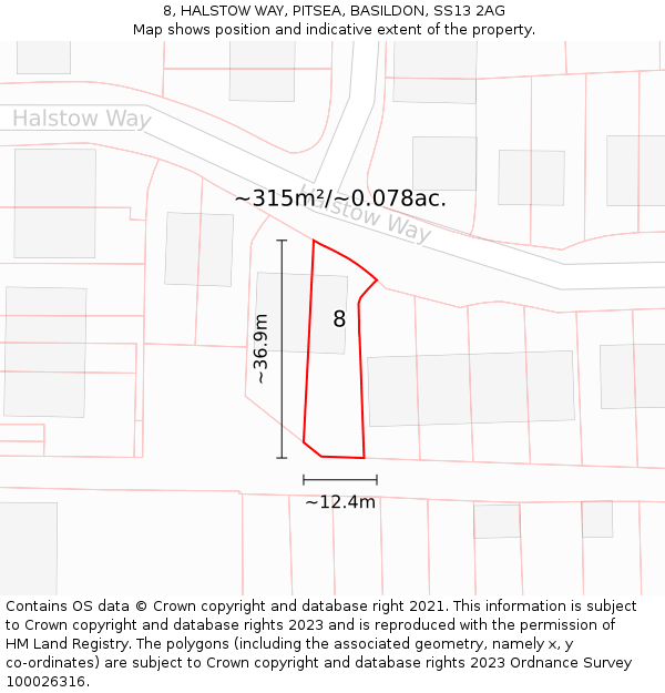 8, HALSTOW WAY, PITSEA, BASILDON, SS13 2AG: Plot and title map