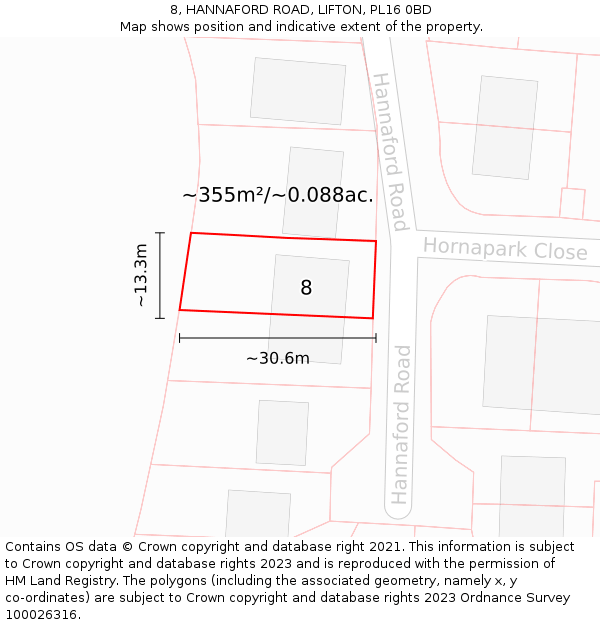 8, HANNAFORD ROAD, LIFTON, PL16 0BD: Plot and title map