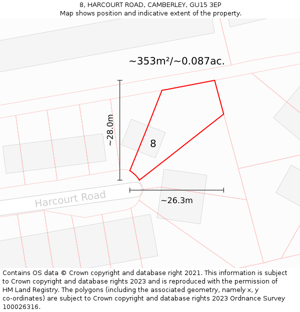 8, HARCOURT ROAD, CAMBERLEY, GU15 3EP: Plot and title map