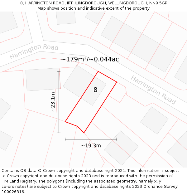 8, HARRINGTON ROAD, IRTHLINGBOROUGH, WELLINGBOROUGH, NN9 5GP: Plot and title map