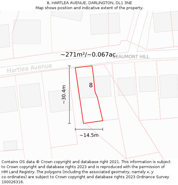 8, HARTLEA AVENUE, DARLINGTON, DL1 3NE: Plot and title map