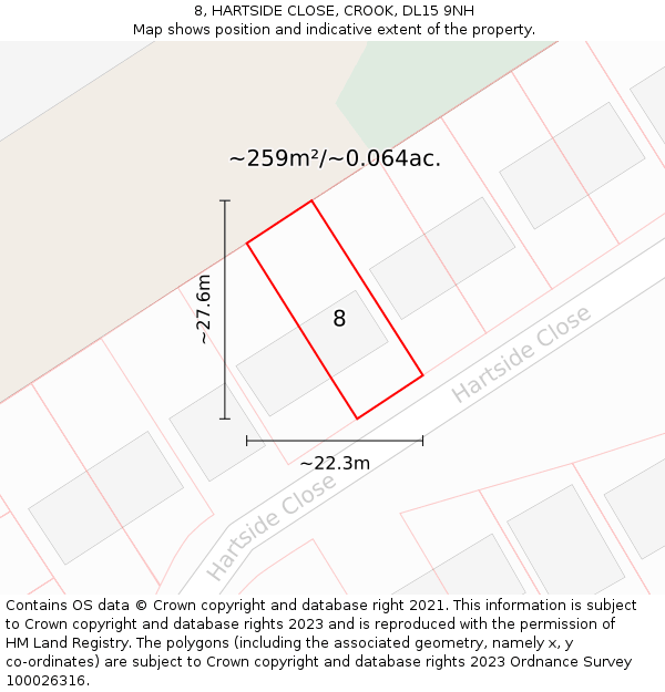8, HARTSIDE CLOSE, CROOK, DL15 9NH: Plot and title map