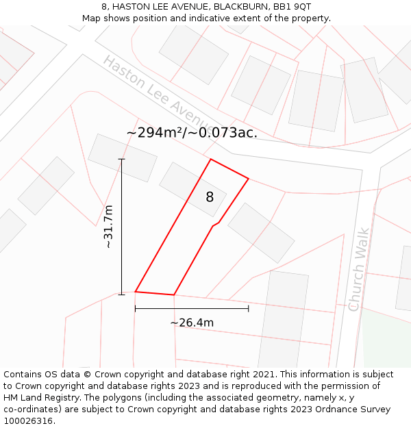 8, HASTON LEE AVENUE, BLACKBURN, BB1 9QT: Plot and title map