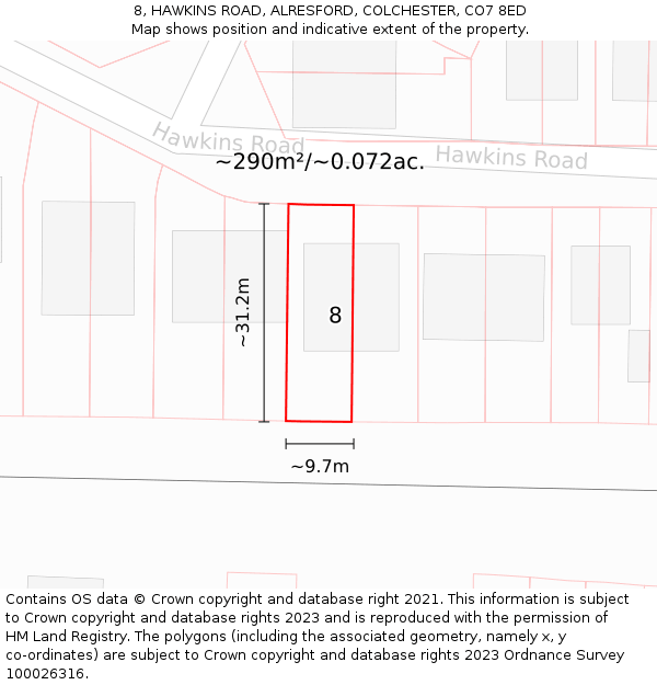 8, HAWKINS ROAD, ALRESFORD, COLCHESTER, CO7 8ED: Plot and title map