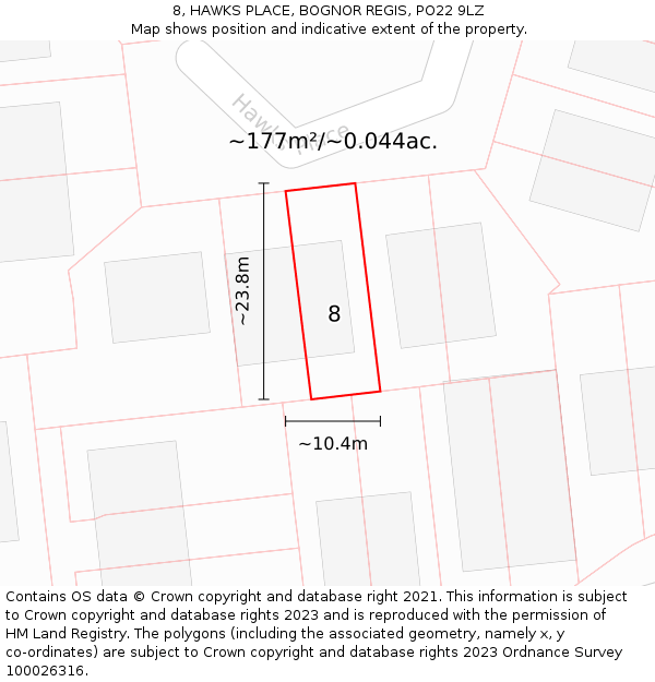 8, HAWKS PLACE, BOGNOR REGIS, PO22 9LZ: Plot and title map