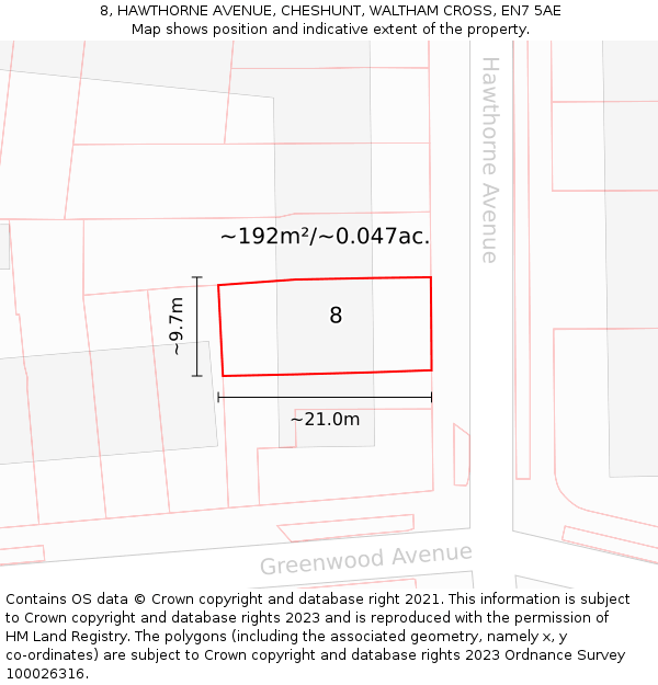 8, HAWTHORNE AVENUE, CHESHUNT, WALTHAM CROSS, EN7 5AE: Plot and title map